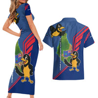 Montserrat Couples Matching Short Sleeve Bodycon Dress and Hawaiian Shirt with Cartoon Bird and Island Map Blue Red Stripe Design - Wonder Print Shop