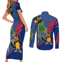 Montserrat Couples Matching Short Sleeve Bodycon Dress and Long Sleeve Button Shirt with Cartoon Bird and Island Map Blue Red Stripe Design - Wonder Print Shop