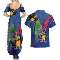 Montserrat Couples Matching Summer Maxi Dress and Hawaiian Shirt with Cartoon Bird and Island Map Blue Red Stripe Design - Wonder Print Shop