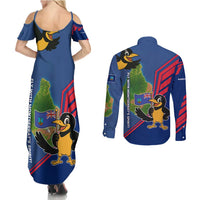 Montserrat Couples Matching Summer Maxi Dress and Long Sleeve Button Shirt with Cartoon Bird and Island Map Blue Red Stripe Design - Wonder Print Shop