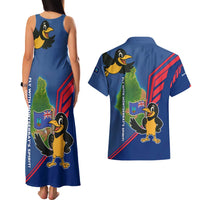 Montserrat Couples Matching Tank Maxi Dress and Hawaiian Shirt with Cartoon Bird and Island Map Blue Red Stripe Design - Wonder Print Shop