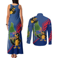 Montserrat Couples Matching Tank Maxi Dress and Long Sleeve Button Shirt with Cartoon Bird and Island Map Blue Red Stripe Design - Wonder Print Shop