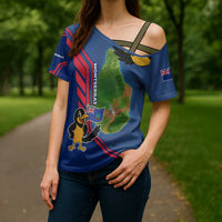 Montserrat Cross Shoulder Shirt with Cartoon Bird and Island Map Blue Red Stripe Design - Wonder Print Shop