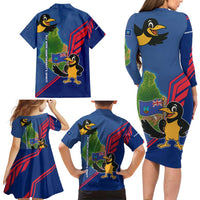 Montserrat Family Matching Long Sleeve Bodycon Dress and Hawaiian Shirt with Cartoon Bird and Island Map Blue Red Stripe Design - Wonder Print Shop