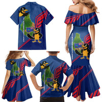 Montserrat Family Matching Mermaid Dress and Hawaiian Shirt with Cartoon Bird and Island Map Blue Red Stripe Design - Wonder Print Shop