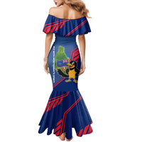 Montserrat Family Matching Mermaid Dress and Hawaiian Shirt with Cartoon Bird and Island Map Blue Red Stripe Design - Wonder Print Shop