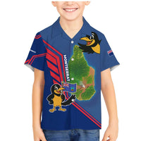 Montserrat Family Matching Mermaid Dress and Hawaiian Shirt with Cartoon Bird and Island Map Blue Red Stripe Design - Wonder Print Shop