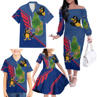 Montserrat Family Matching Off The Shoulder Long Sleeve Dress and Hawaiian Shirt with Cartoon Bird and Island Map Blue Red Stripe Design - Wonder Print Shop