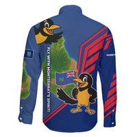 Montserrat Family Matching Off The Shoulder Long Sleeve Dress and Hawaiian Shirt with Cartoon Bird and Island Map Blue Red Stripe Design - Wonder Print Shop
