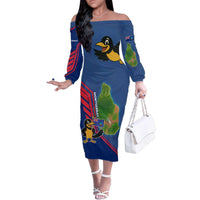 Montserrat Family Matching Off The Shoulder Long Sleeve Dress and Hawaiian Shirt with Cartoon Bird and Island Map Blue Red Stripe Design - Wonder Print Shop
