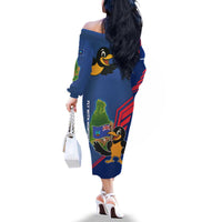 Montserrat Family Matching Off The Shoulder Long Sleeve Dress and Hawaiian Shirt with Cartoon Bird and Island Map Blue Red Stripe Design - Wonder Print Shop