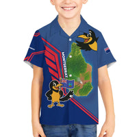 Montserrat Family Matching Off The Shoulder Long Sleeve Dress and Hawaiian Shirt with Cartoon Bird and Island Map Blue Red Stripe Design - Wonder Print Shop