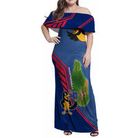 Montserrat Family Matching Off Shoulder Maxi Dress and Hawaiian Shirt with Cartoon Bird and Island Map Blue Red Stripe Design - Wonder Print Shop