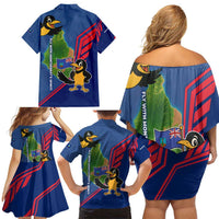 Montserrat Family Matching Off Shoulder Short Dress and Hawaiian Shirt with Cartoon Bird and Island Map Blue Red Stripe Design - Wonder Print Shop