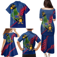 Montserrat Family Matching Puletasi and Hawaiian Shirt with Cartoon Bird and Island Map Blue Red Stripe Design - Wonder Print Shop