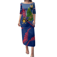 Montserrat Family Matching Puletasi and Hawaiian Shirt with Cartoon Bird and Island Map Blue Red Stripe Design - Wonder Print Shop