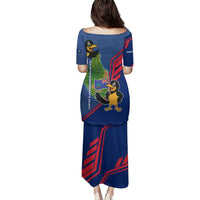 Montserrat Family Matching Puletasi and Hawaiian Shirt with Cartoon Bird and Island Map Blue Red Stripe Design - Wonder Print Shop
