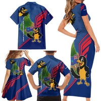Montserrat Family Matching Short Sleeve Bodycon Dress and Hawaiian Shirt with Cartoon Bird and Island Map Blue Red Stripe Design - Wonder Print Shop