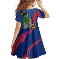 Montserrat Family Matching Summer Maxi Dress and Hawaiian Shirt with Cartoon Bird and Island Map Blue Red Stripe Design - Wonder Print Shop
