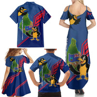 Montserrat Family Matching Summer Maxi Dress and Hawaiian Shirt with Cartoon Bird and Island Map Blue Red Stripe Design - Wonder Print Shop