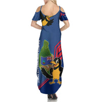 Montserrat Family Matching Summer Maxi Dress and Hawaiian Shirt with Cartoon Bird and Island Map Blue Red Stripe Design - Wonder Print Shop
