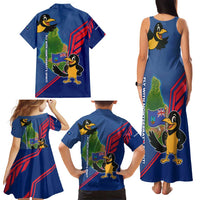 Montserrat Family Matching Tank Maxi Dress and Hawaiian Shirt with Cartoon Bird and Island Map Blue Red Stripe Design - Wonder Print Shop