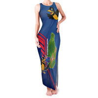 Montserrat Family Matching Tank Maxi Dress and Hawaiian Shirt with Cartoon Bird and Island Map Blue Red Stripe Design - Wonder Print Shop