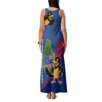Montserrat Family Matching Tank Maxi Dress and Hawaiian Shirt with Cartoon Bird and Island Map Blue Red Stripe Design - Wonder Print Shop