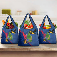 Montserrat Grocery Bag with Cartoon Bird and Island Map Blue Red Stripe Design - Wonder Print Shop