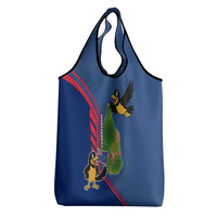 Montserrat Grocery Bag with Cartoon Bird and Island Map Blue Red Stripe Design - Wonder Print Shop