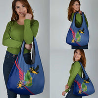 Montserrat Grocery Bag with Cartoon Bird and Island Map Blue Red Stripe Design - Wonder Print Shop