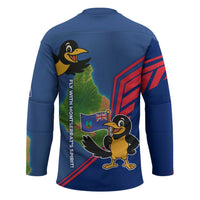 Montserrat Hockey Jersey with Cartoon Bird and Island Map Blue Red Stripe Design - Wonder Print Shop
