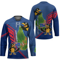Montserrat Hockey Jersey with Cartoon Bird and Island Map Blue Red Stripe Design - Wonder Print Shop