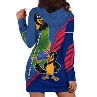 Montserrat Hoodie Dress with Cartoon Bird and Island Map Blue Red Stripe Design - Wonder Print Shop