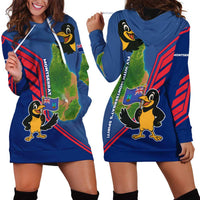 Montserrat Hoodie Dress with Cartoon Bird and Island Map Blue Red Stripe Design - Wonder Print Shop