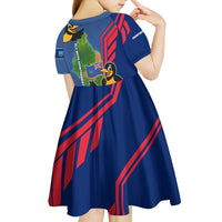 Montserrat Kid Short Sleeve Dress with Cartoon Bird and Island Map Blue Red Stripe Design - Wonder Print Shop