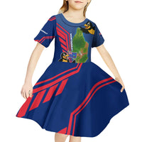 Montserrat Kid Short Sleeve Dress with Cartoon Bird and Island Map Blue Red Stripe Design - Wonder Print Shop