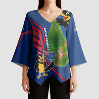 Montserrat Kimono Sleeve Blouse with Cartoon Bird and Island Map Blue Red Stripe Design - Wonder Print Shop