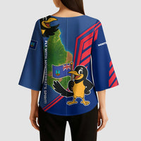 Montserrat Kimono Sleeve Blouse with Cartoon Bird and Island Map Blue Red Stripe Design - Wonder Print Shop