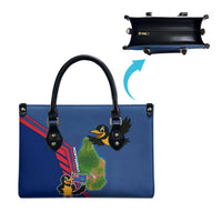 Montserrat Leather Bag with Cartoon Bird and Island Map Blue Red Stripe Design - Wonder Print Shop