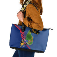 Montserrat Leather Tote Bag with Cartoon Bird and Island Map Blue Red Stripe Design - Wonder Print Shop
