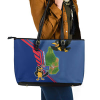 Montserrat Leather Tote Bag with Cartoon Bird and Island Map Blue Red Stripe Design - Wonder Print Shop