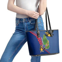 Montserrat Leather Tote Bag with Cartoon Bird and Island Map Blue Red Stripe Design - Wonder Print Shop