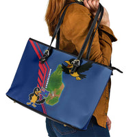 Montserrat Leather Tote Bag with Cartoon Bird and Island Map Blue Red Stripe Design - Wonder Print Shop