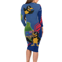 Montserrat Long Sleeve Bodycon Dress with Cartoon Bird and Island Map Blue Red Stripe Design - Wonder Print Shop