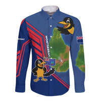 Montserrat Long Sleeve Button Shirt with Cartoon Bird and Island Map Blue Red Stripe Design - Wonder Print Shop