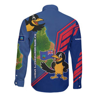 Montserrat Long Sleeve Button Shirt with Cartoon Bird and Island Map Blue Red Stripe Design - Wonder Print Shop