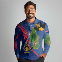 Montserrat Long Sleeve Polo Shirt with Cartoon Bird and Island Map Blue Red Stripe Design - Wonder Print Shop