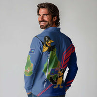 Montserrat Long Sleeve Polo Shirt with Cartoon Bird and Island Map Blue Red Stripe Design - Wonder Print Shop