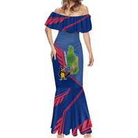 Montserrat Mermaid Dress with Cartoon Bird and Island Map Blue Red Stripe Design - Wonder Print Shop